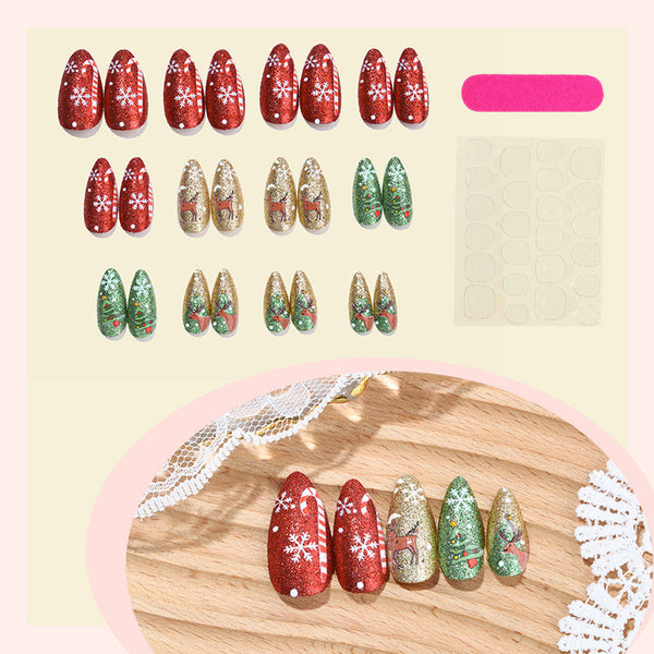 Snowflake glitter decorative almond manicure