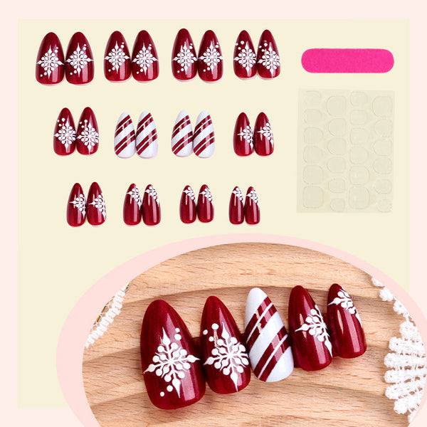 Red striped French shiny fake nails