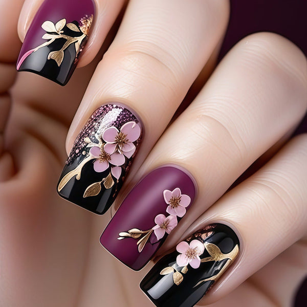 Cherry Blossom Metal Branches Crimson Painted Nail Art
