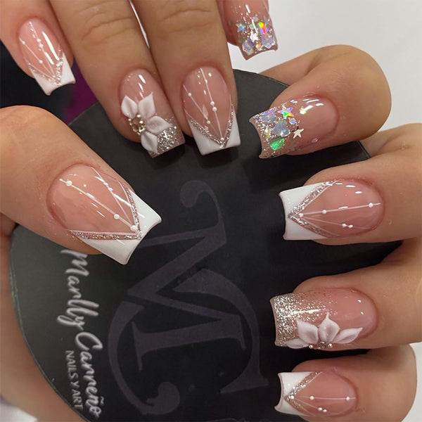 24pcs/Set Press On Nails Flower with Star Design