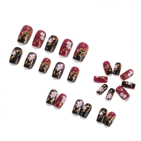 Cherry Blossom Metal Branches Crimson Painted Nail Art