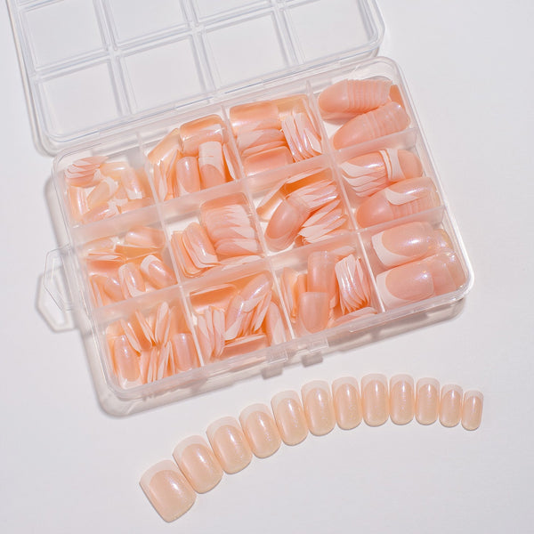 240 Pcs Glitter French white edge manicure short almond nail