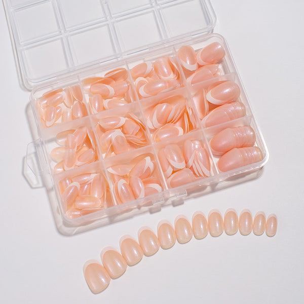 240 Pcs Glitter French white edge manicure short almond nail